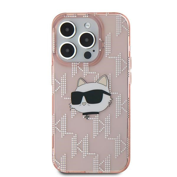 Deksel for Apple iPhone 15 Pro, Karl Lagerfeld, IML Luxury Monogram Choupette's Head, Rosa