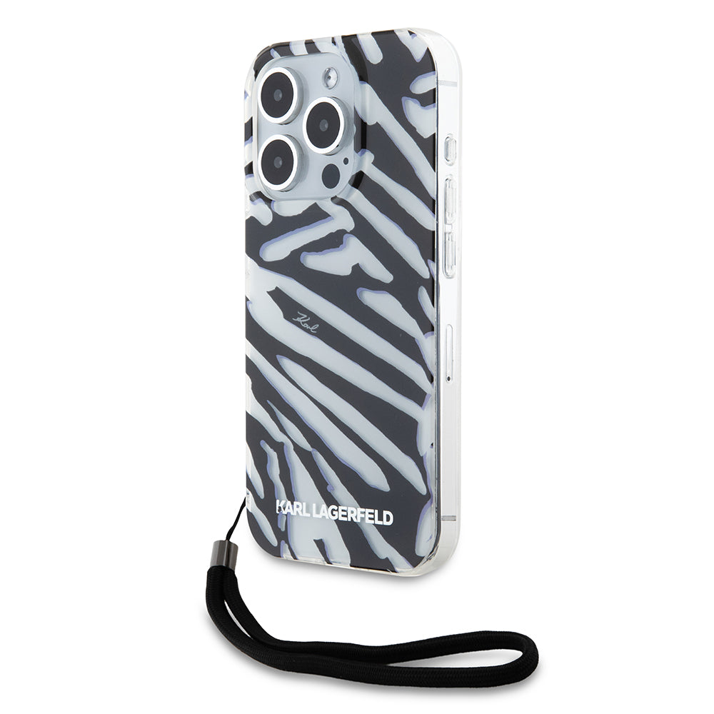 Deksel for Apple iPhone 15 Pro, Karl Lagerfeld, IML Luxury Zebra Pattern with Strap, Svart