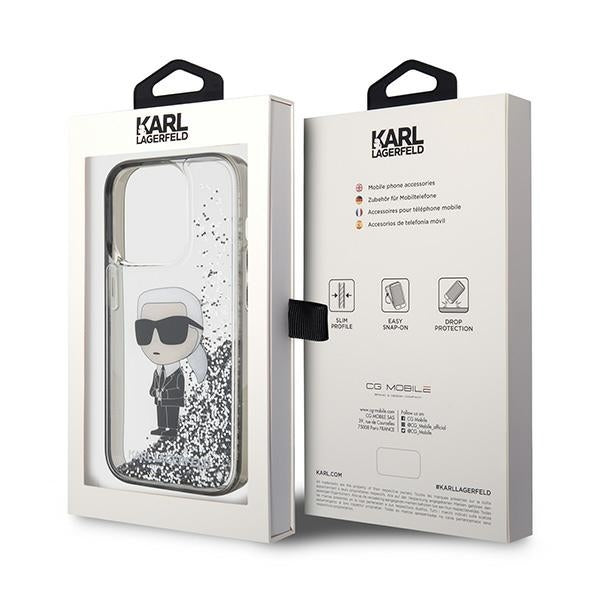 Deksel for Apple iPhone 15 Pro, Karl Lagerfeld, Liquid Glitter Ikonik Karl, Gjennomsiktig