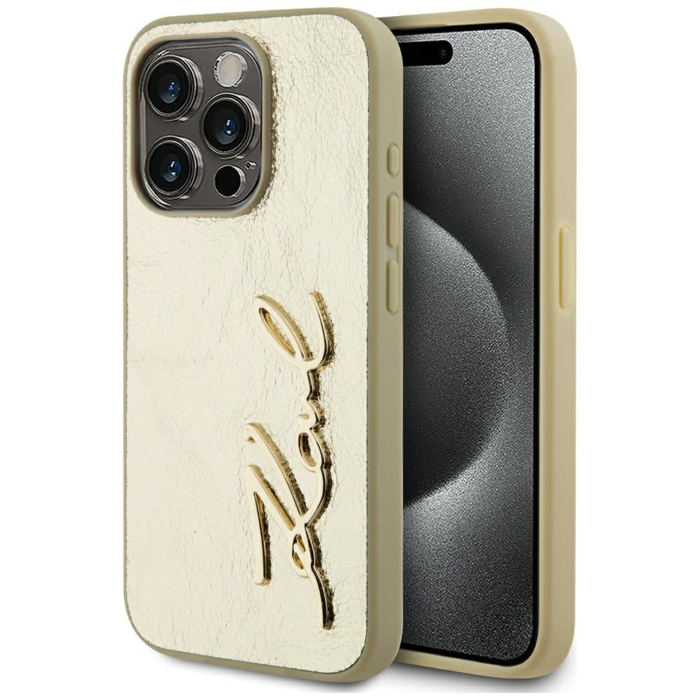 Deksel for Apple iPhone 15 Pro, Karl Lagerfeld, Metal Signature, Gull