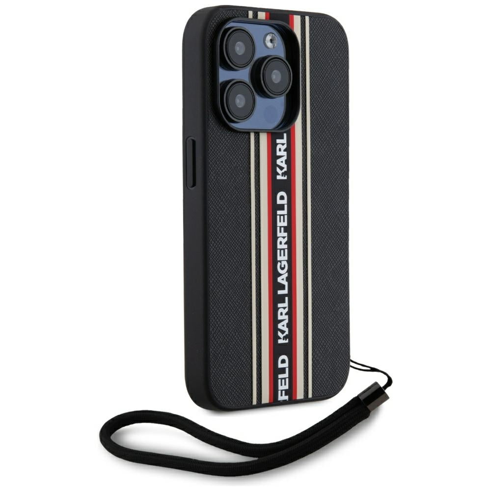 Deksel for Apple iPhone 15 Pro, Karl Lagerfeld, Saffiano Athleisure Stripes with Strap, Rosie