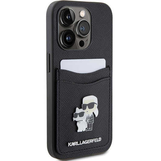 Deksel for Apple iPhone 15 Pro, Karl Lagerfeld, Saffiano Card Slot Metal Karl & Choupette, Svart