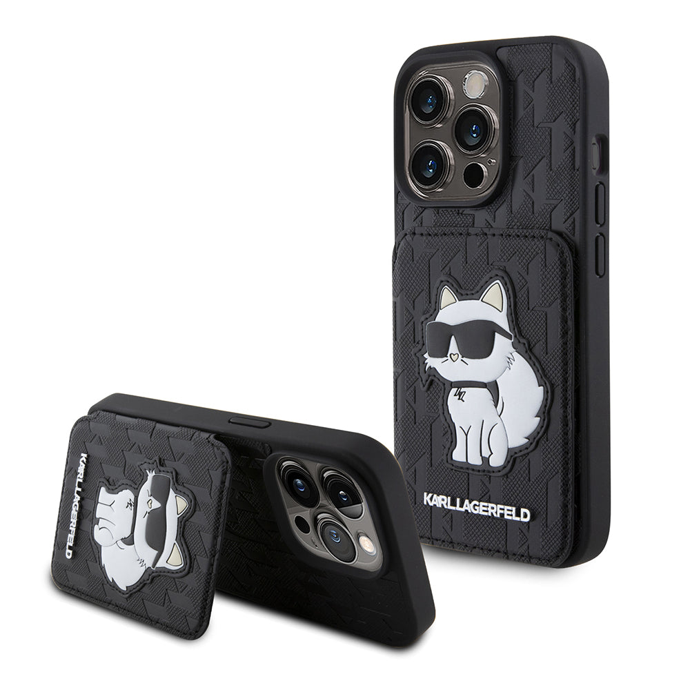 Deksel for Apple iPhone 15 Pro, Karl Lagerfeld, Saffiano Cardslots and Stand Monogram Choupette, Svart