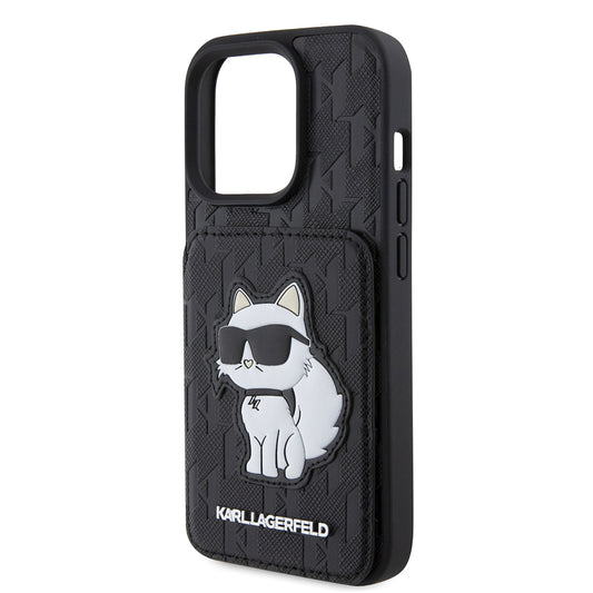 Deksel for Apple iPhone 15 Pro, Karl Lagerfeld, Saffiano Cardslots and Stand Monogram Choupette, Svart