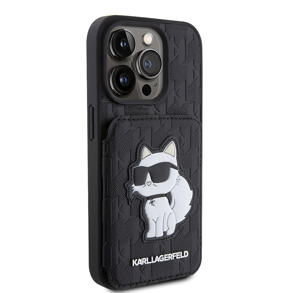 Deksel for Apple iPhone 15 Pro, Karl Lagerfeld, Saffiano Cardslots and Stand Monogram Choupette, Svart