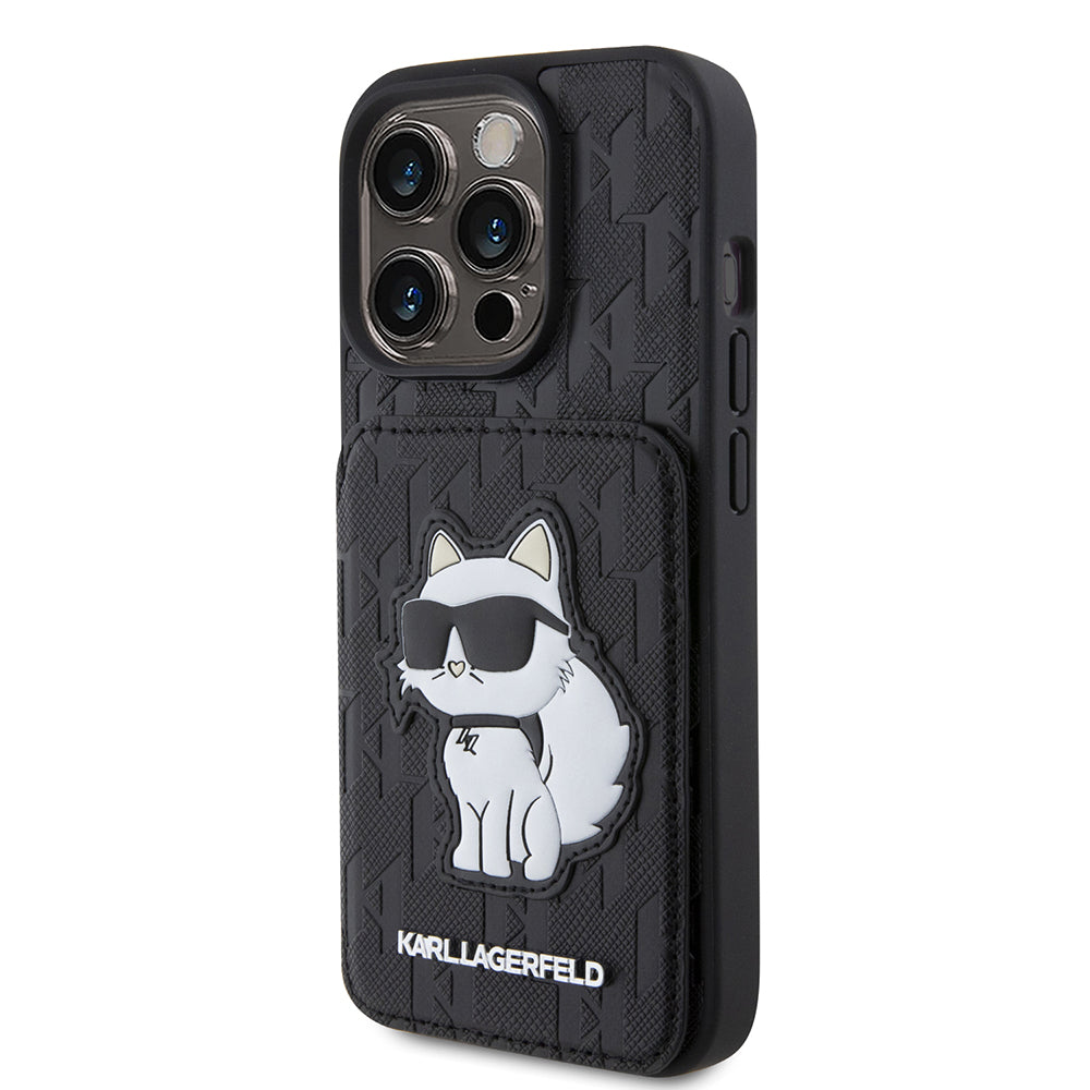 Deksel for Apple iPhone 15 Pro, Karl Lagerfeld, Saffiano Cardslots and Stand Monogram Choupette, Svart