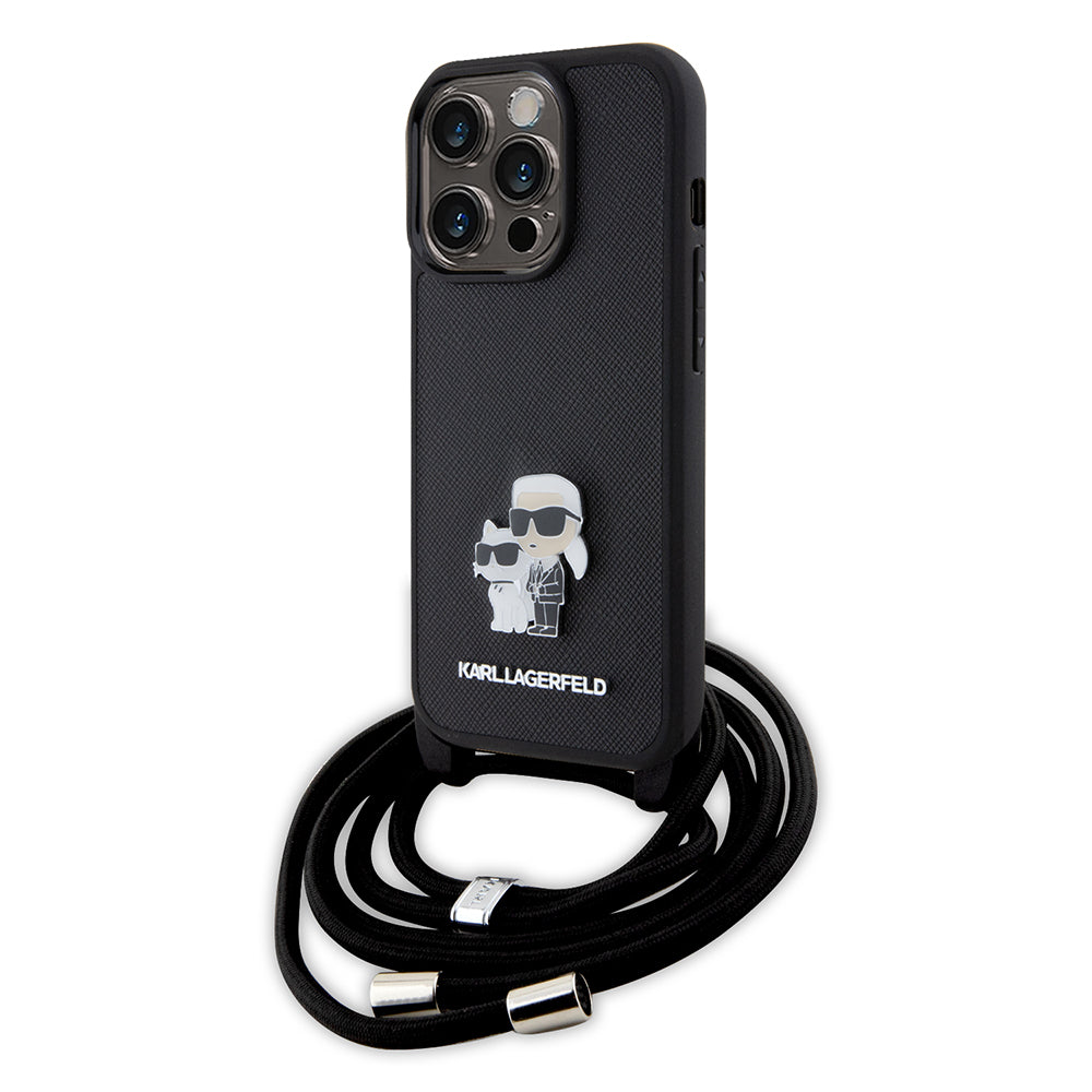 Deksel for Apple iPhone 15 Pro, Karl Lagerfeld, Saffiano Crossbody Metal Pin Karl & Choupette, Svart