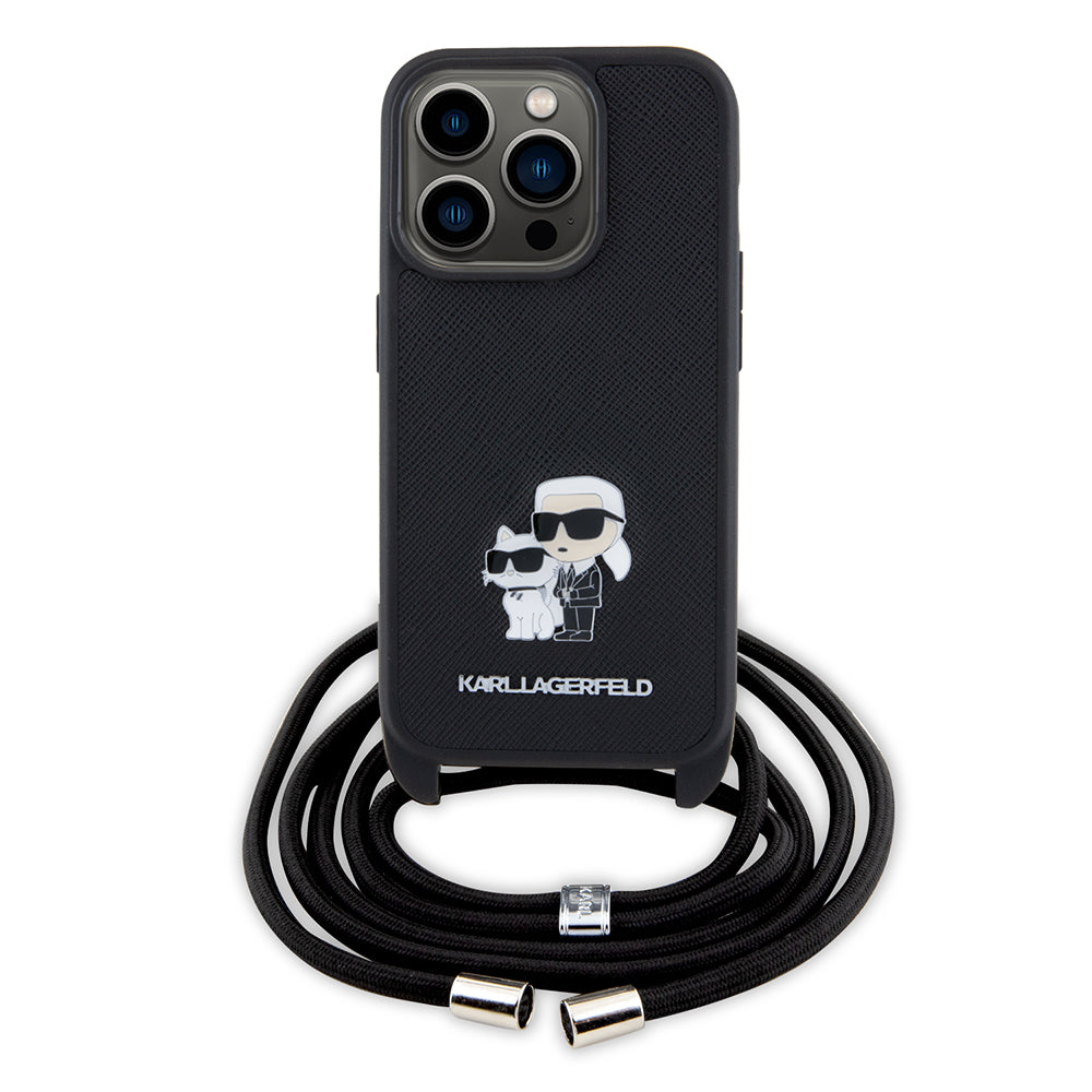 Deksel for Apple iPhone 15 Pro, Karl Lagerfeld, Saffiano Crossbody Metal Pin Karl & Choupette, Svart