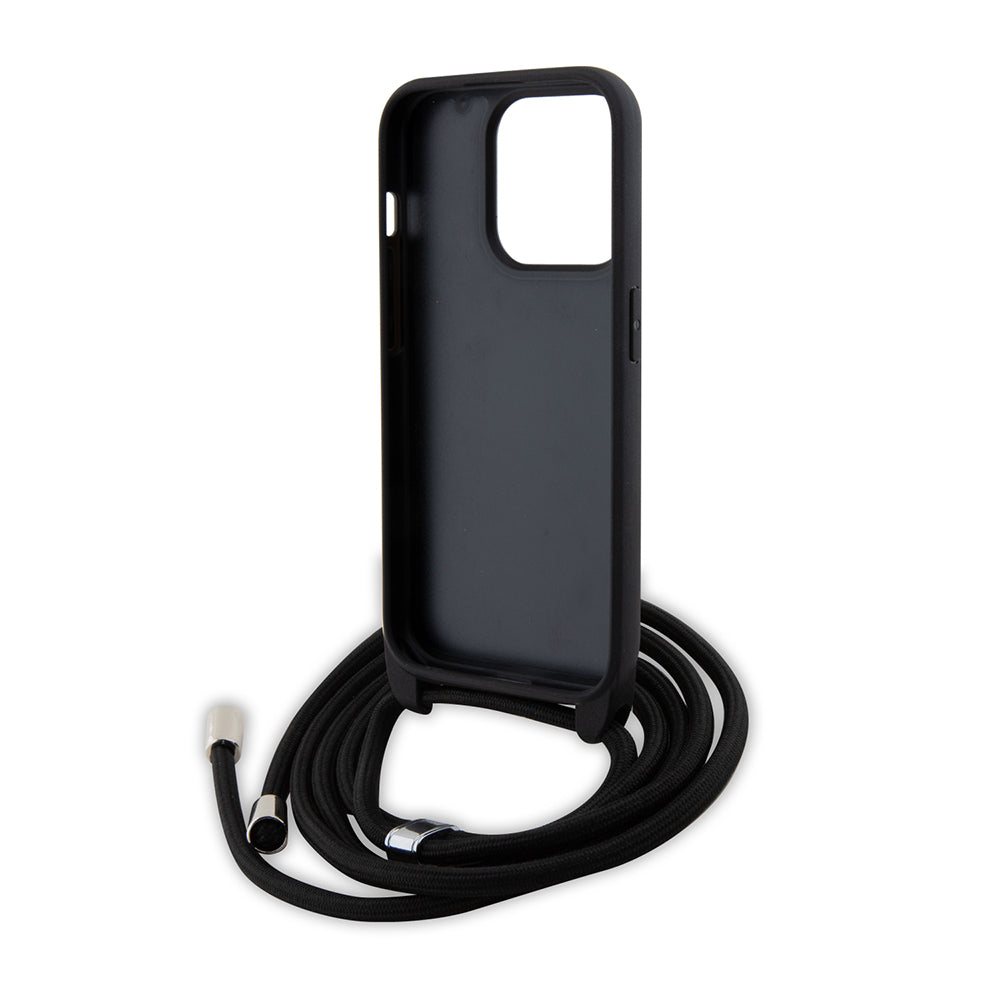 Deksel for Apple iPhone 15 Pro, Karl Lagerfeld, Saffiano Crossbody Metal Pin Karl & Choupette, Svart