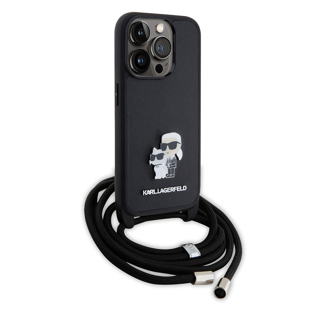 Deksel for Apple iPhone 15 Pro, Karl Lagerfeld, Saffiano Crossbody Metal Pin Karl & Choupette, Svart