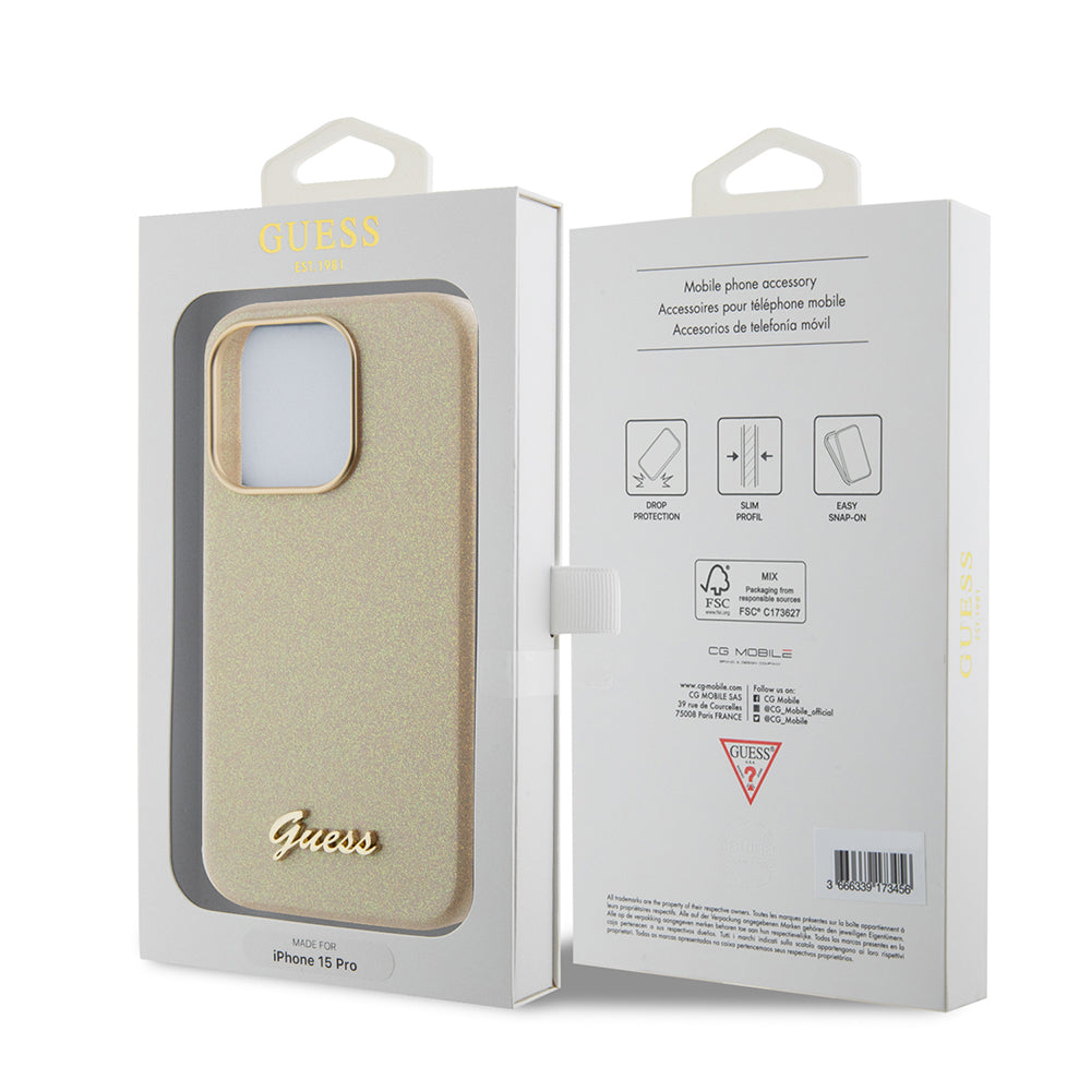 Deksel for Apple iPhone 15 Pro Max, Guess, Glitter Glossy Script, Beige