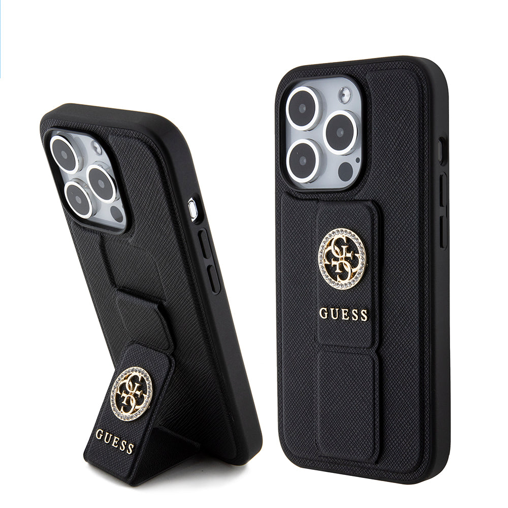 Deksel for Apple iPhone 15 Pro Max, Guess, Grip Stand 4G Saffiano Strass, Svart