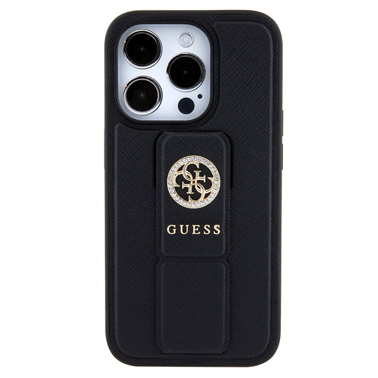 Deksel for Apple iPhone 15 Pro Max, Guess, Grip Stand 4G Saffiano Strass, Svart