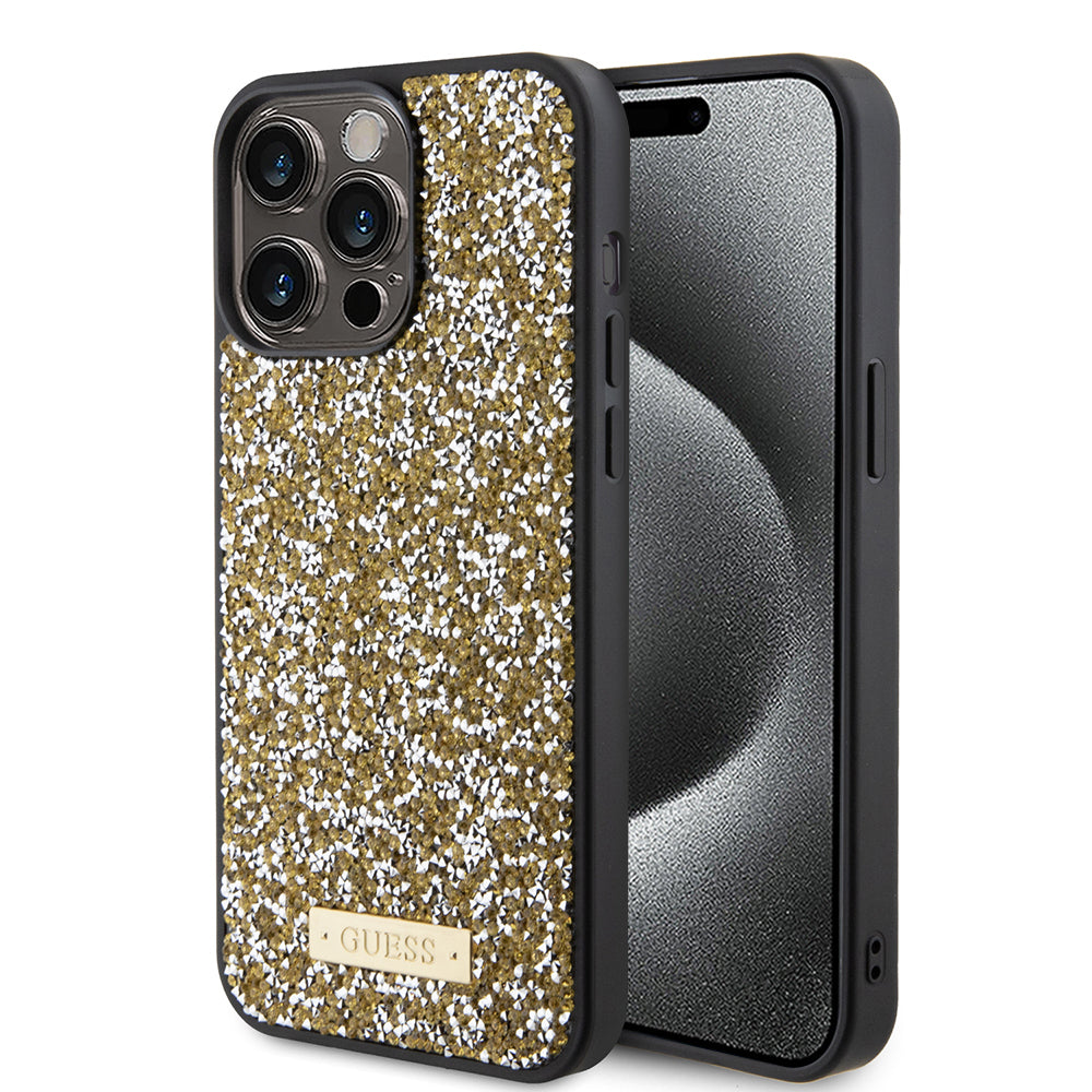 Deksel for Apple iPhone 15 Pro Max, Guess, Rhinestone Metal Logo, Gul