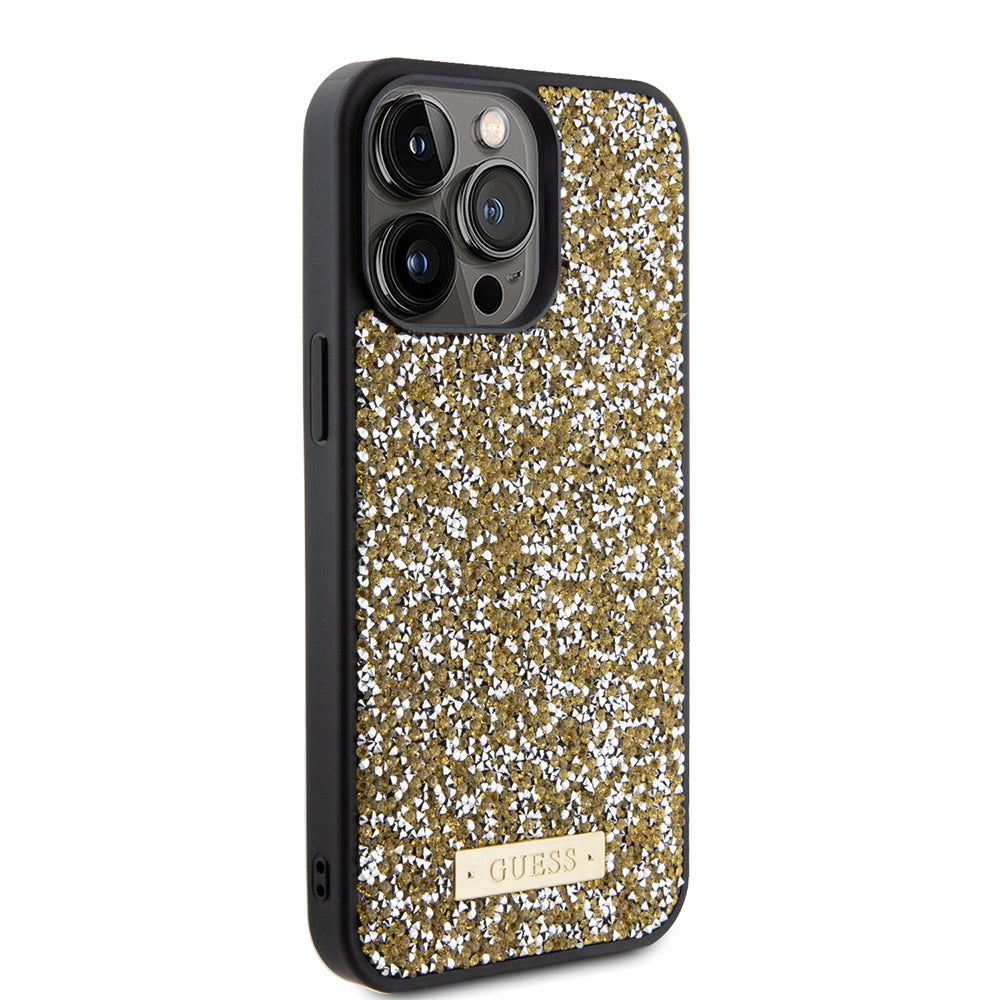 Deksel for Apple iPhone 15 Pro Max, Guess, Rhinestone Metal Logo, Gul