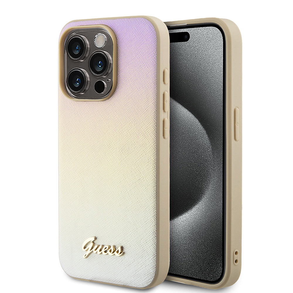 Deksel for Apple iPhone 15 Pro Max, Guess, Saffiano Iridescent Script, Gull