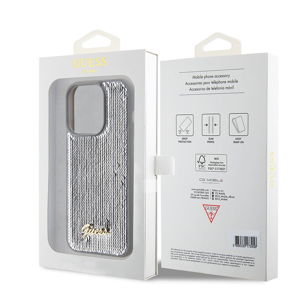 Deksel for Apple iPhone 15 Pro Max, Guess, Sequin Script Metal, Sølvfarget