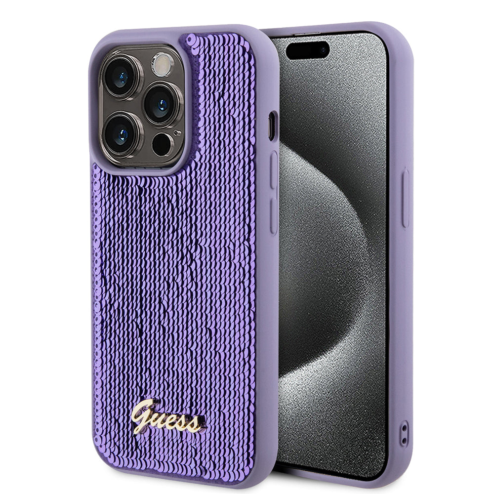 Deksel for Apple iPhone 15 Pro Max, Guess, Sequin Script Metal, Lilla