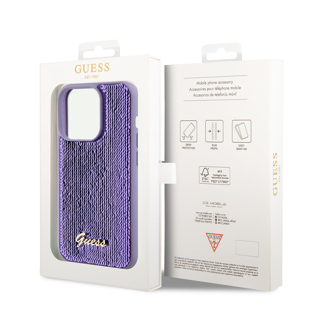 Deksel for Apple iPhone 15 Pro Max, Guess, Sequin Script Metal, Lilla