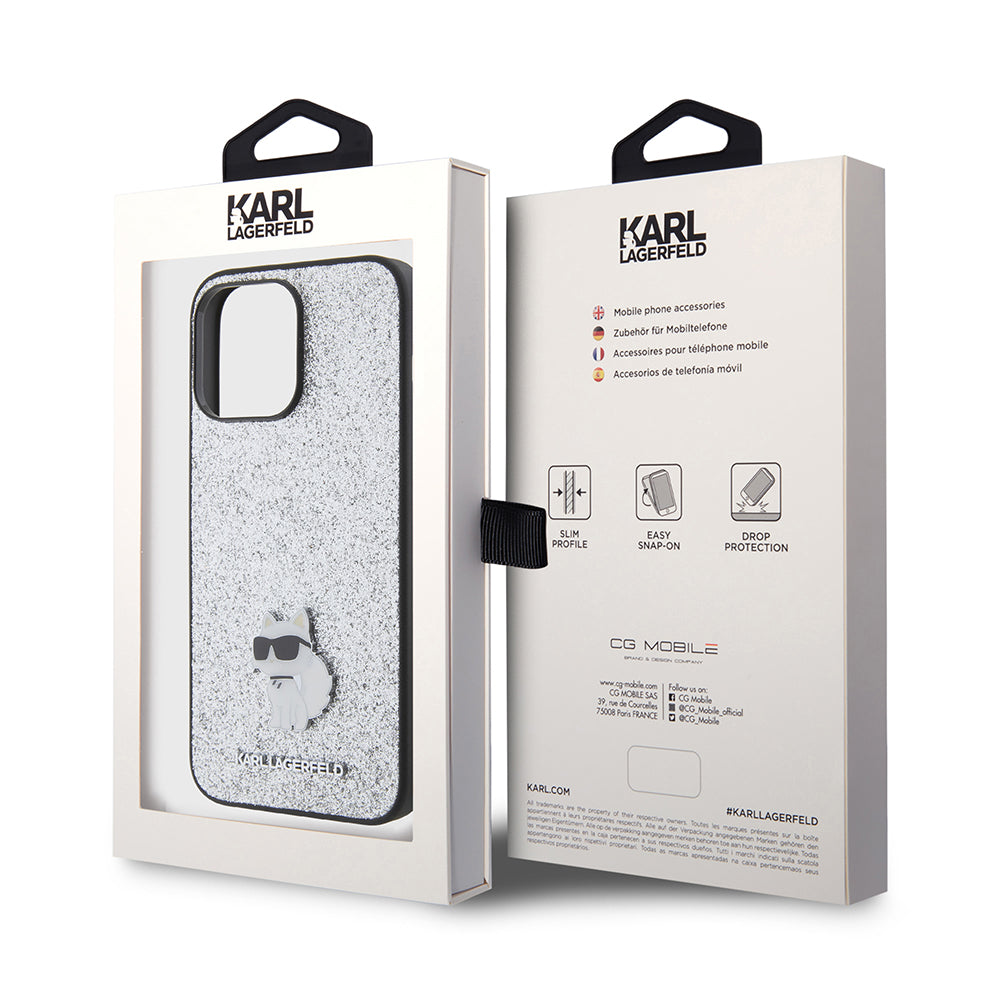Deksel for Apple iPhone 15 Pro Max, Karl Lagerfeld, Glitter Fixed Choupette Logo, Sølvfarget