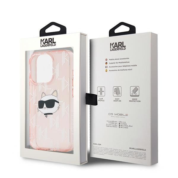 Deksel for Apple iPhone 15 Pro Max, Karl Lagerfeld, IML Luxury Monogram Choupette's Head, Rosa