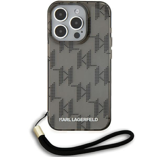 Deksel for Apple iPhone 15 Pro Max, Karl Lagerfeld, IML Luxury Monogram KL Pattern with Strap, Svart