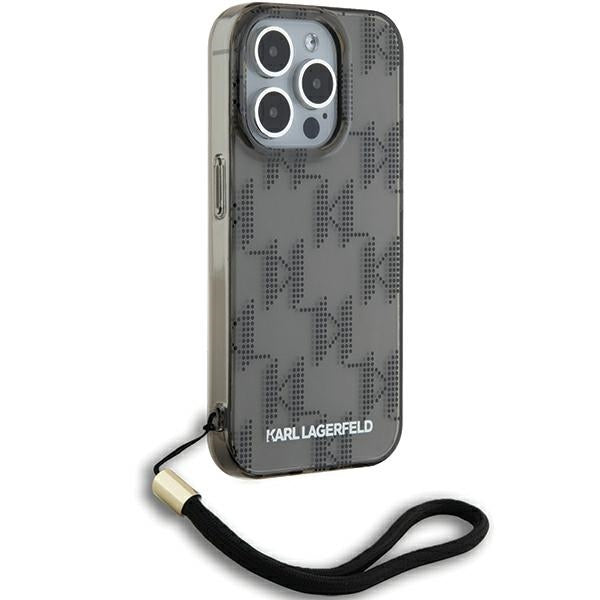 Deksel for Apple iPhone 15 Pro Max, Karl Lagerfeld, IML Luxury Monogram KL Pattern with Strap, Svart