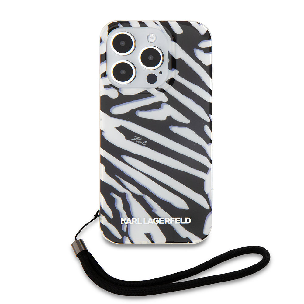 Deksel for Apple iPhone 15 Pro Max, Karl Lagerfeld, IML Luxury Zebra Pattern with Strap, Svart