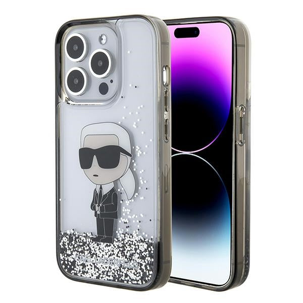 Deksel for Apple iPhone 15 Pro Max, Karl Lagerfeld, Liquid Glitter Ikonik Karl, Gjennomsiktig