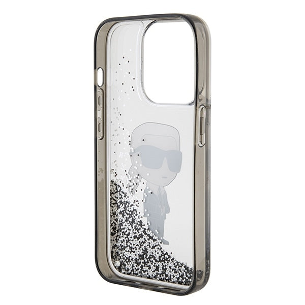 Deksel for Apple iPhone 15 Pro Max, Karl Lagerfeld, Liquid Glitter Ikonik Karl, Gjennomsiktig
