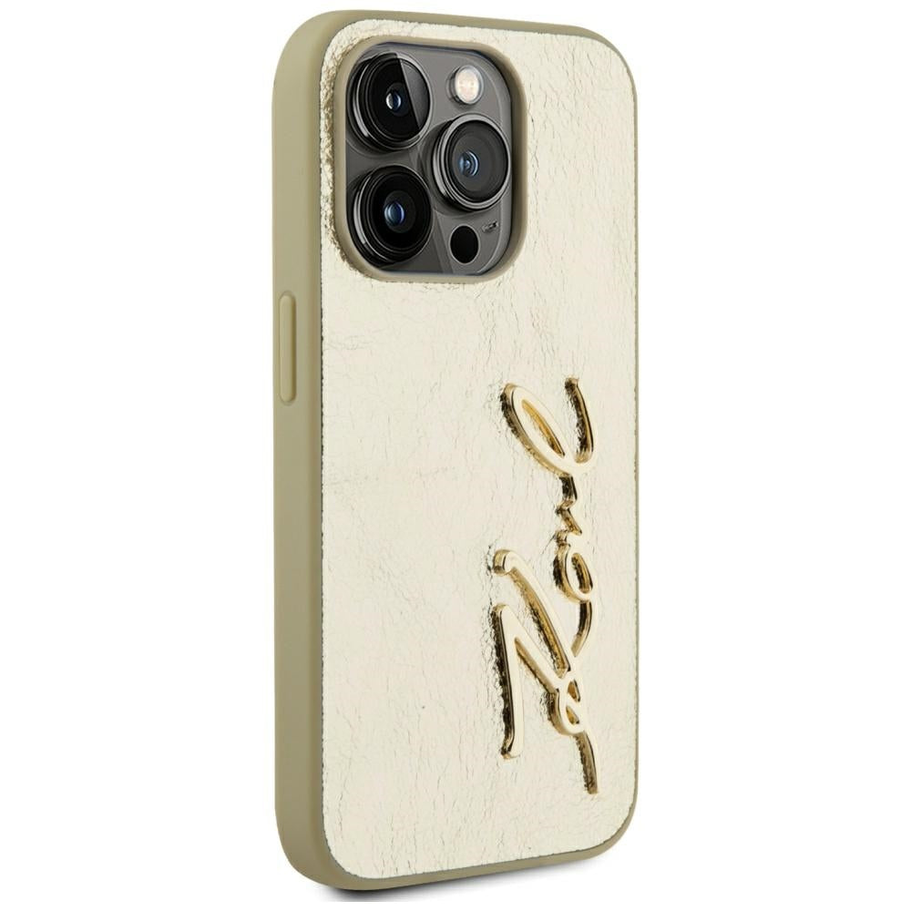 Deksel for Apple iPhone 15 Pro Max, Karl Lagerfeld, Metal Signature, Gull