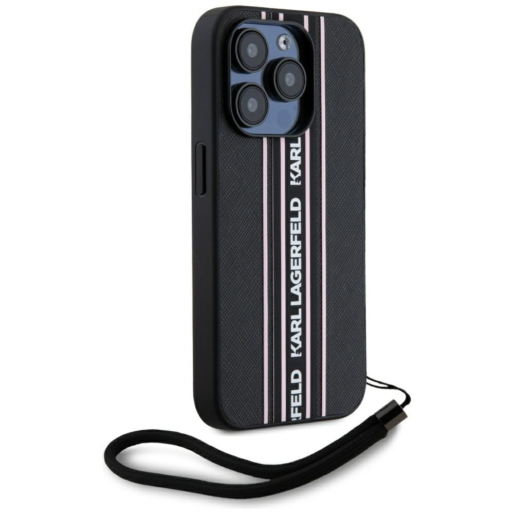 Deksel for Apple iPhone 15 Pro Max, Karl Lagerfeld, Saffiano Athleisure Stripes with Strap, Rosa
