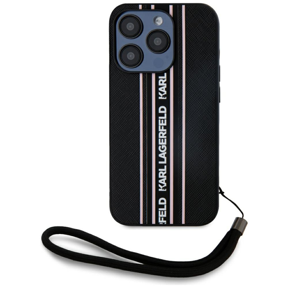 Deksel for Apple iPhone 15 Pro Max, Karl Lagerfeld, Saffiano Athleisure Stripes with Strap, Rosa