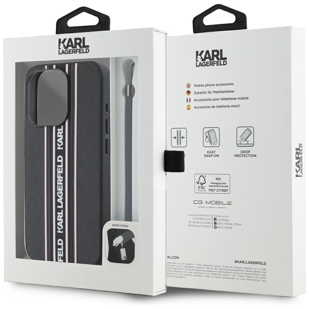 Deksel for Apple iPhone 15 Pro Max, Karl Lagerfeld, Saffiano Athleisure Stripes with Strap, Rosa