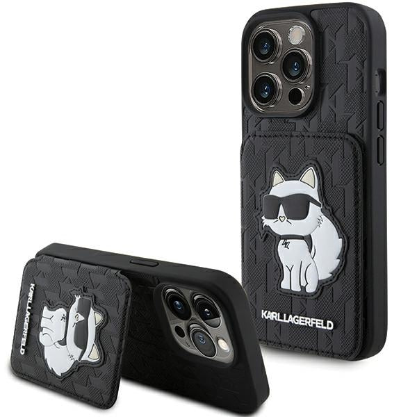 Deksel for Apple iPhone 15 Pro Max, Karl Lagerfeld, Saffiano Cardslots and Stand Monogram Choupette, Svart