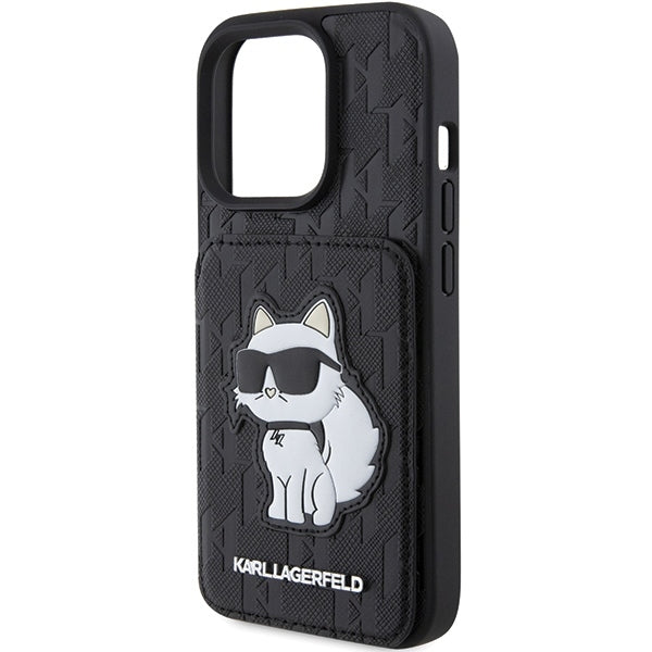 Deksel for Apple iPhone 15 Pro Max, Karl Lagerfeld, Saffiano Cardslots and Stand Monogram Choupette, Svart