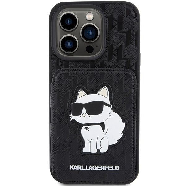 Deksel for Apple iPhone 15 Pro Max, Karl Lagerfeld, Saffiano Cardslots and Stand Monogram Choupette, Svart