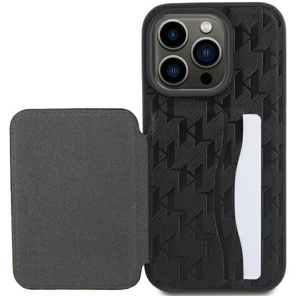 Deksel for Apple iPhone 15 Pro Max, Karl Lagerfeld, Saffiano Cardslots and Stand Monogram Choupette, Svart