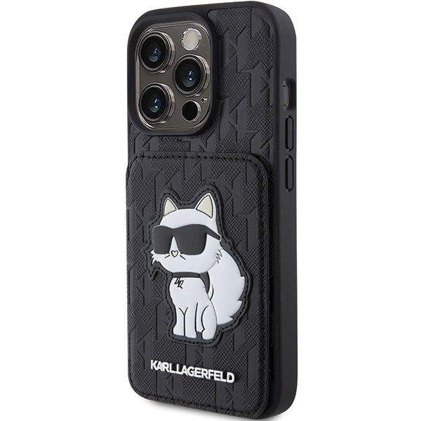 Deksel for Apple iPhone 15 Pro Max, Karl Lagerfeld, Saffiano Cardslots and Stand Monogram Choupette, Svart