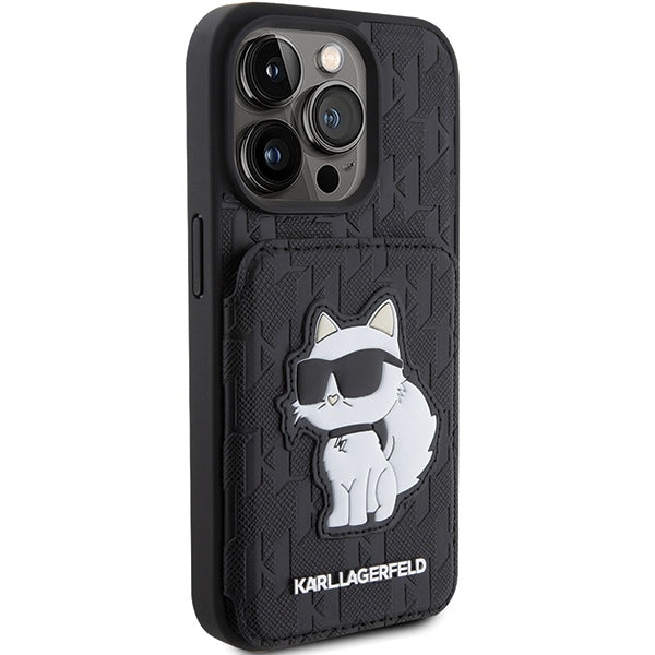 Deksel for Apple iPhone 15 Pro Max, Karl Lagerfeld, Saffiano Cardslots and Stand Monogram Choupette, Svart