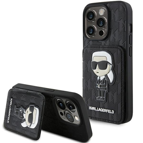 Deksel for Apple iPhone 15 Pro Max, Karl Lagerfeld, Saffiano Cardslots and Stand Monogram Ikonik Karl, Svart