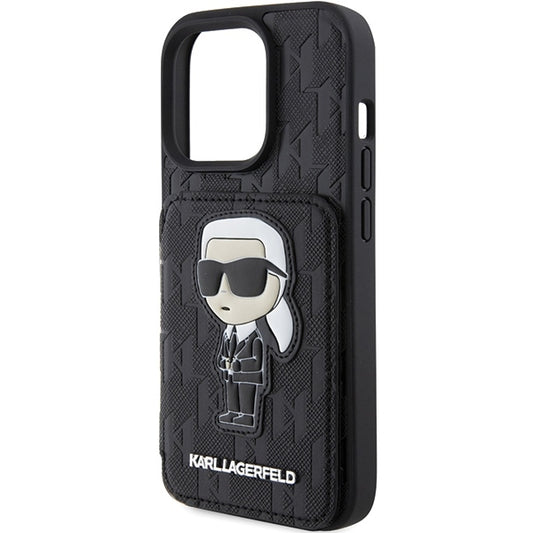 Deksel for Apple iPhone 15 Pro Max, Karl Lagerfeld, Saffiano Cardslots and Stand Monogram Ikonik Karl, Svart