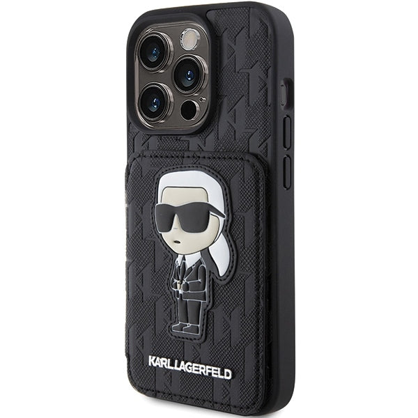 Deksel for Apple iPhone 15 Pro Max, Karl Lagerfeld, Saffiano Cardslots and Stand Monogram Ikonik Karl, Svart