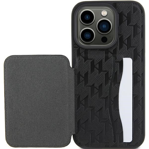 Deksel for Apple iPhone 15 Pro Max, Karl Lagerfeld, Saffiano Cardslots and Stand Monogram Ikonik Karl, Svart