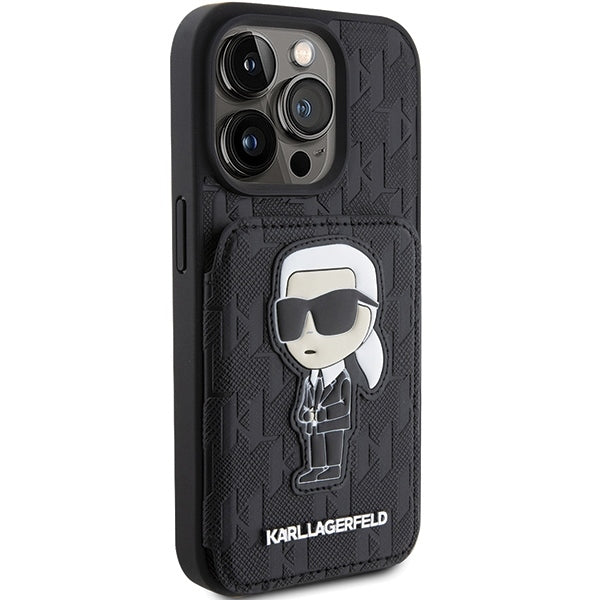 Deksel for Apple iPhone 15 Pro Max, Karl Lagerfeld, Saffiano Cardslots and Stand Monogram Ikonik Karl, Svart