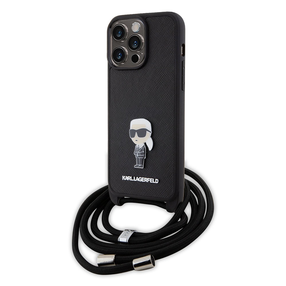 Deksel for Apple iPhone 15 Pro Max, Karl Lagerfeld, Saffiano Crossbody Monogram Metal Pin Karl, Svart