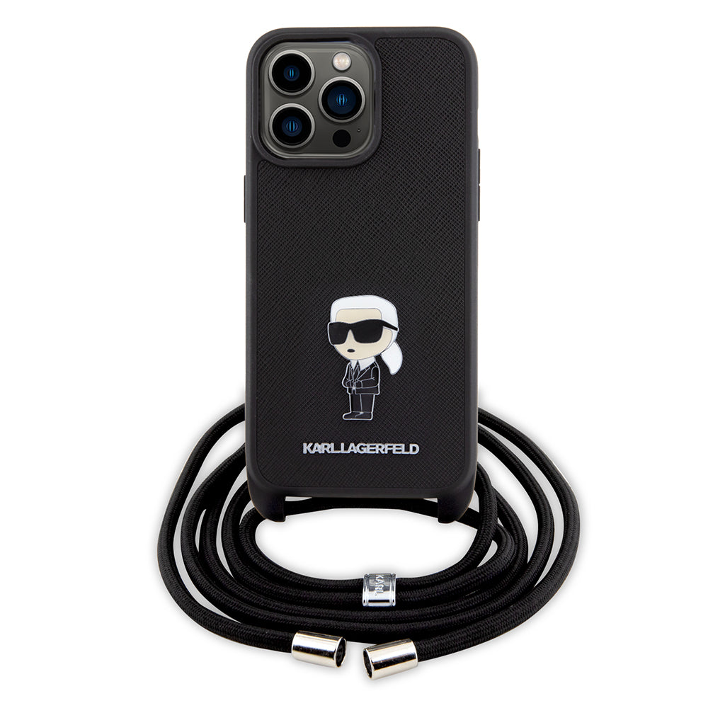 Deksel for Apple iPhone 15 Pro Max, Karl Lagerfeld, Saffiano Crossbody Monogram Metal Pin Karl, Svart