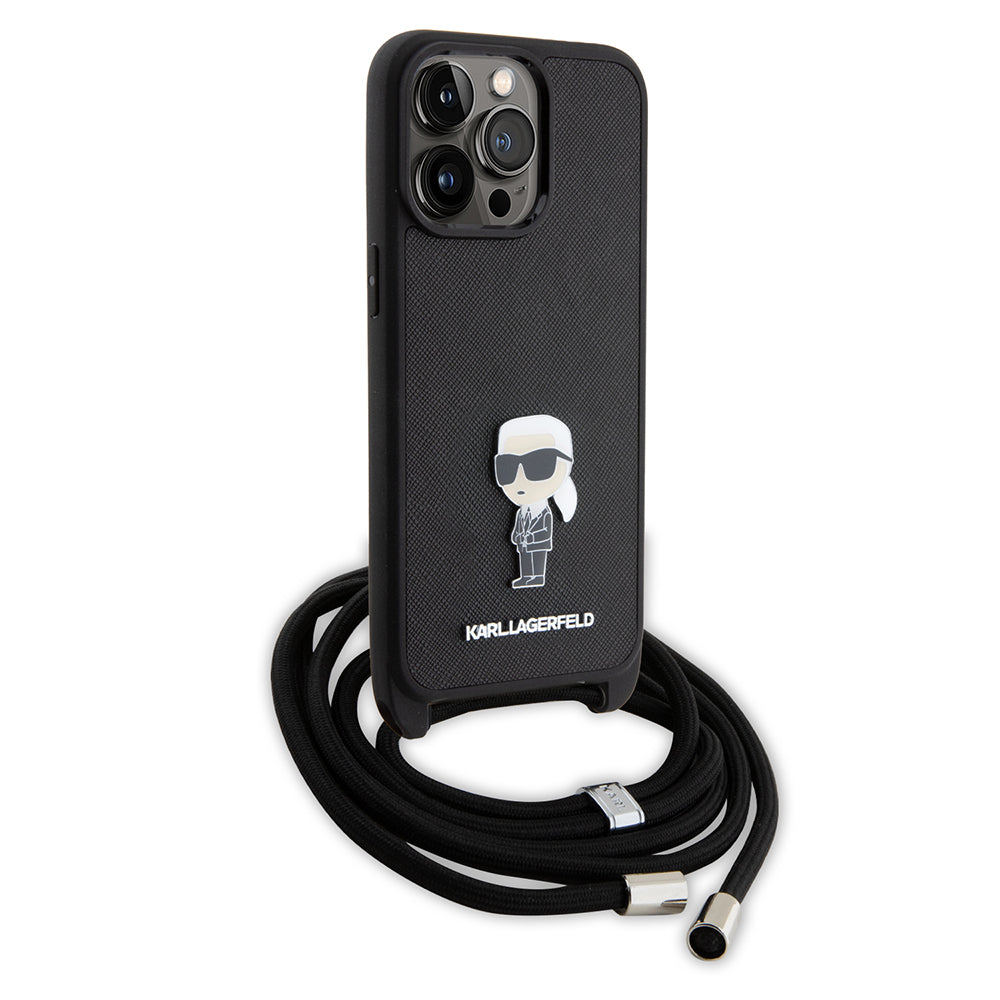 Deksel for Apple iPhone 15 Pro Max, Karl Lagerfeld, Saffiano Crossbody Monogram Metal Pin Karl, Svart