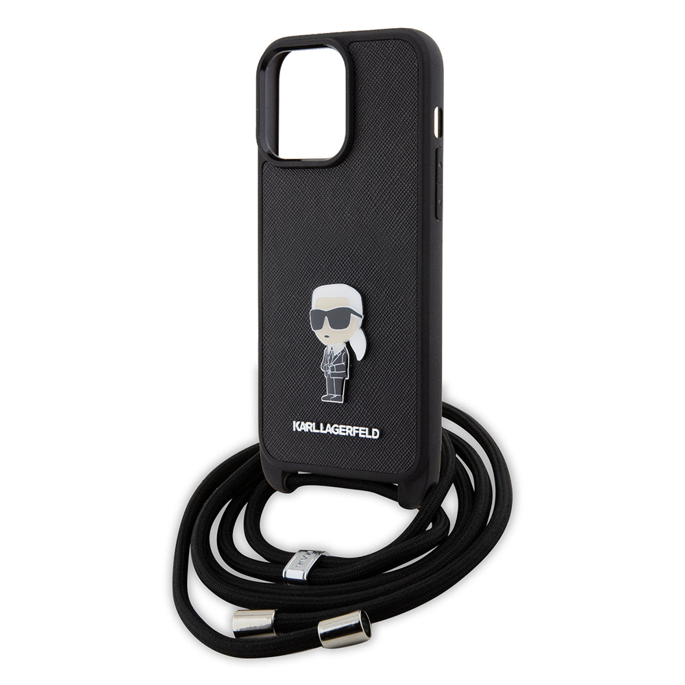 Deksel for Apple iPhone 15 Pro Max, Karl Lagerfeld, Saffiano Crossbody Monogram Metal Pin Karl, Svart