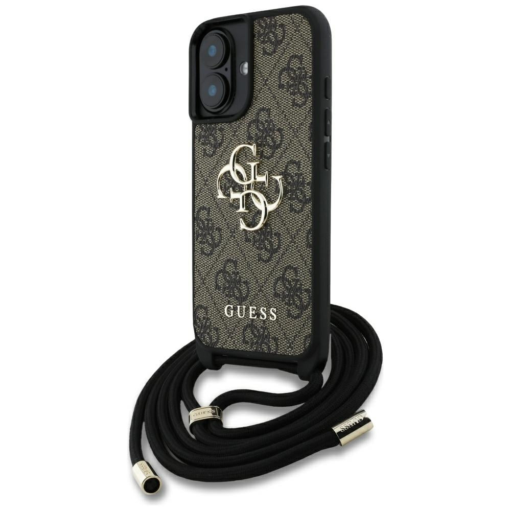 Deksel for Apple iPhone 16, Guess, 4G CBDY Big Logo with Cord Strap, Brun